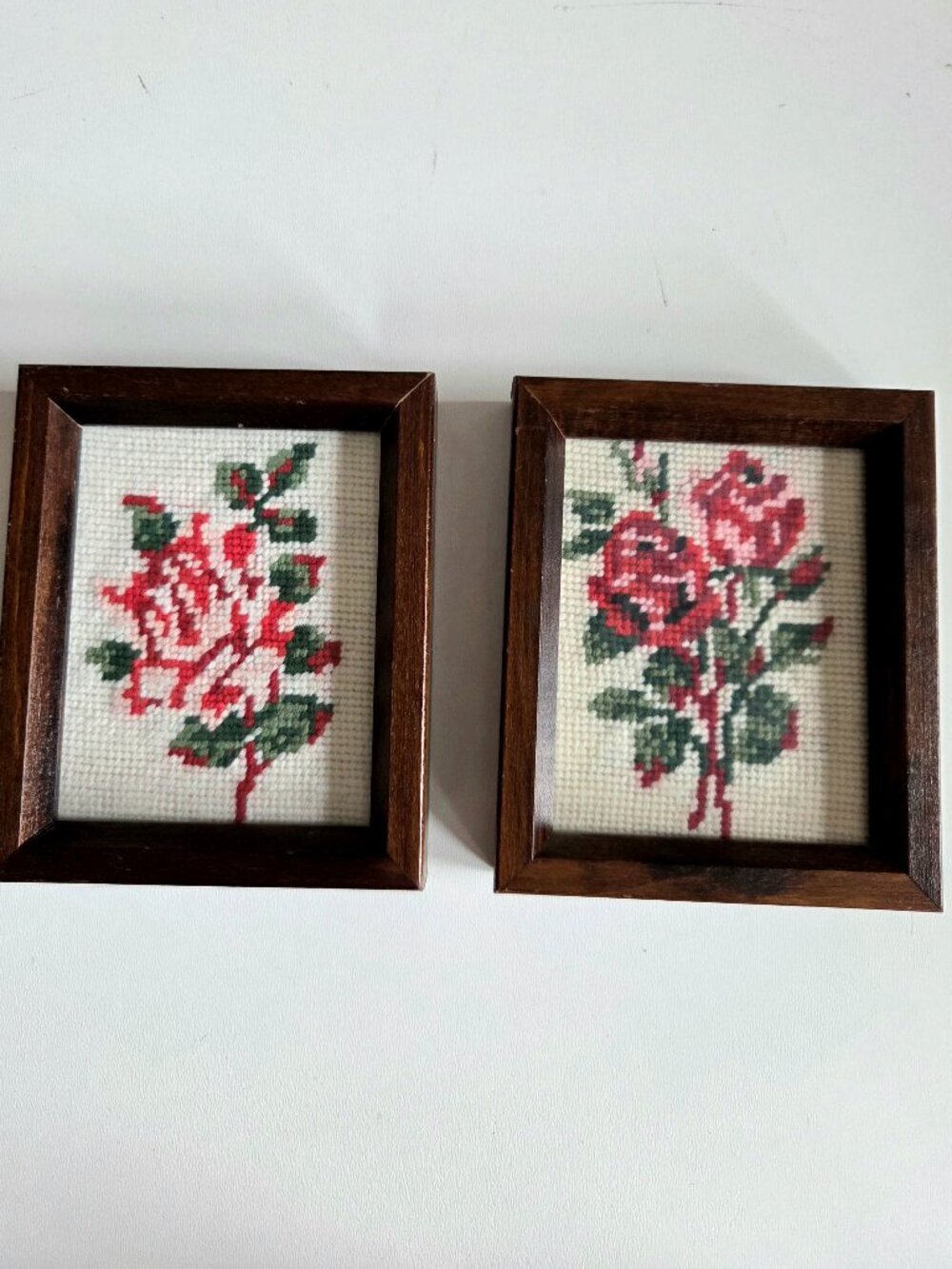 2 vintage handmade small framed floral embroidery.